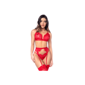 Ensemble sexy 3 pièces peek-a-boo en dentelle avec string et porte-jarretelles 